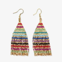 INK + ALLOY Lexie Horizontal Gold Stripes Beaded Fringe Earrings Multicolor
