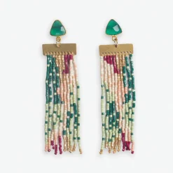 INK + ALLOY Lilah Semi-Precious Stone Post With Organic Shapes Beaded Fringe Earrings Emerald
