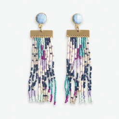INK + ALLOY Lilah Semi-Precious Stone Post With Organic Shapes Beaded Fringe Earrings Light Blue