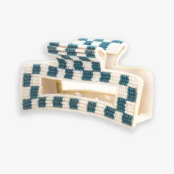 INK + ALLOY Lola Game Day Checked Beaded Hair Claw Clip Light Blue and White