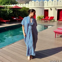 INK + ALLOY Margot Kaftan Stripe Internal Drawstring Fits Most Blue White