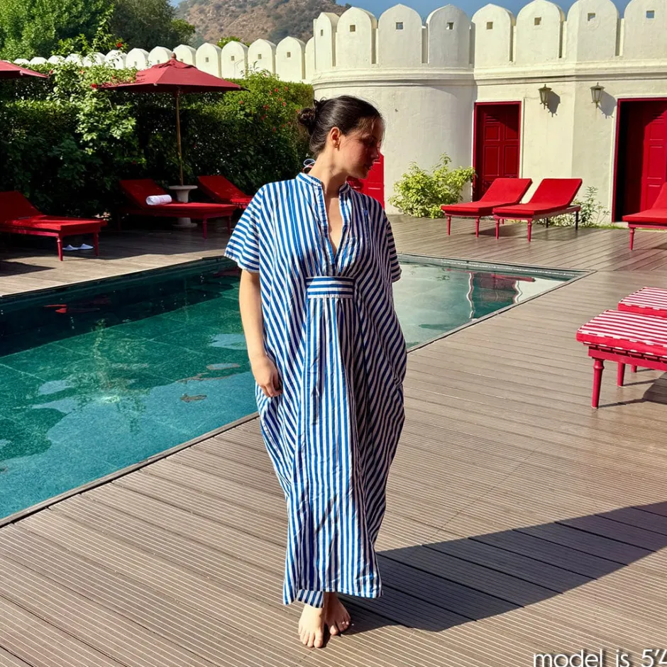 INK + ALLOY Margot Kaftan Stripe Internal Drawstring Fits Most Blue White