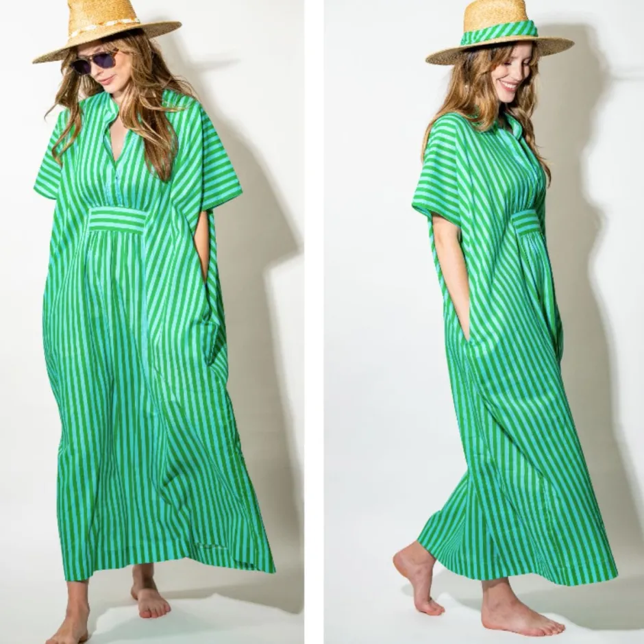 INK + ALLOY Margot Kaftan Stripe Internal Drawstring Fits Most Green Blue