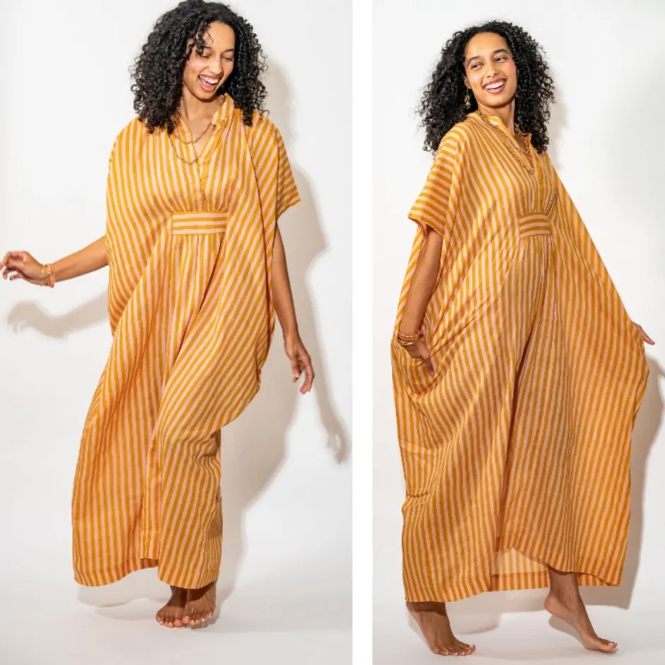 INK + ALLOY Margot Kaftan Stripe Internal Drawstring Fits Most Blush Mustard