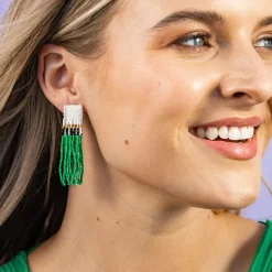 INK + ALLOY Marilyn Colorblock With Center Vertical Black Stripes Fringe Earrings Kelly Green