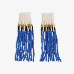INK + ALLOY Marilyn Colorblock With Center Vertical Black Stripes Fringe Earrings Royal Blue