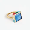 INK + ALLOY Marlowe Square Stone With Colorblock Enamel Border Ring Light Blue