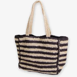 INK + ALLOY Nellie Large Striped Raffia Tote Black/Ivory