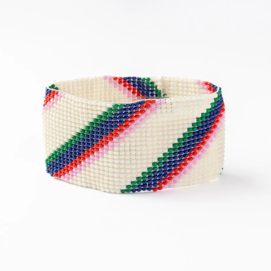 INK + ALLOY Penelope Stripe Diagonal Seed Bead Bracelet Ivory Navy Green Red