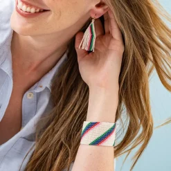 INK + ALLOY Penelope Stripe Diagonal Seed Bead Bracelet Ivory Navy Green Red