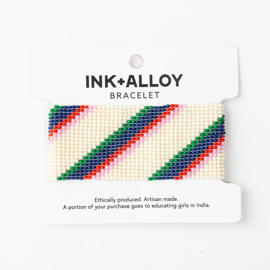 INK + ALLOY Penelope Stripe Diagonal Seed Bead Bracelet Ivory Navy Green Red