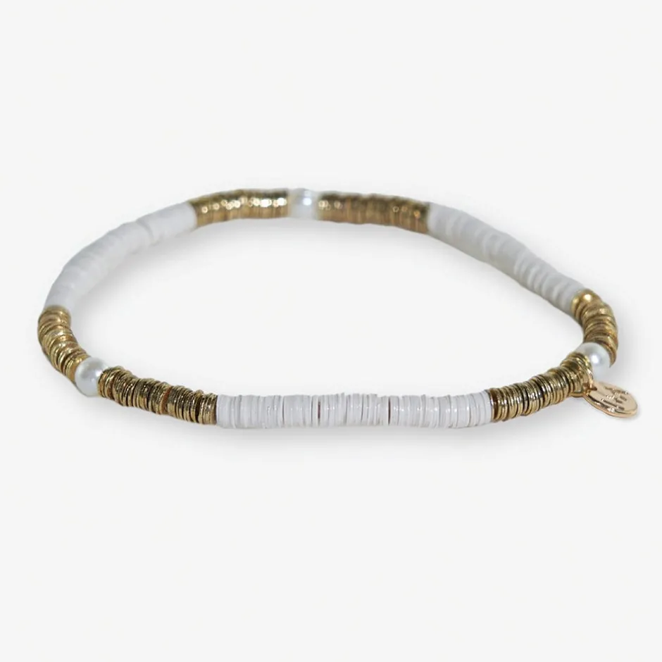 INK + ALLOY Rory Solid Color With Gold And Pearls Small Sequin Stretch Bracelet Ivory