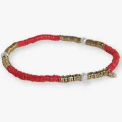 INK + ALLOY Rory Solid Color With Gold And Pearls Small Sequin Stretch Bracelet Red