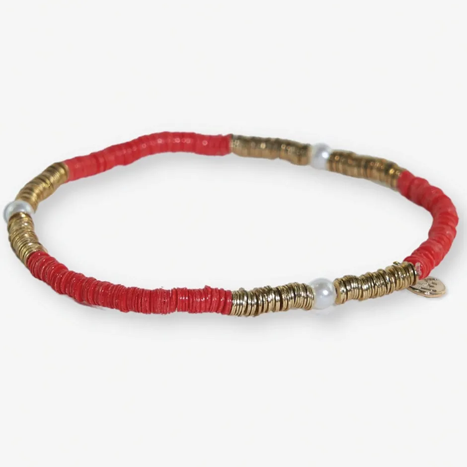 INK + ALLOY Rory Solid Color With Gold And Pearls Small Sequin Stretch Bracelet Red