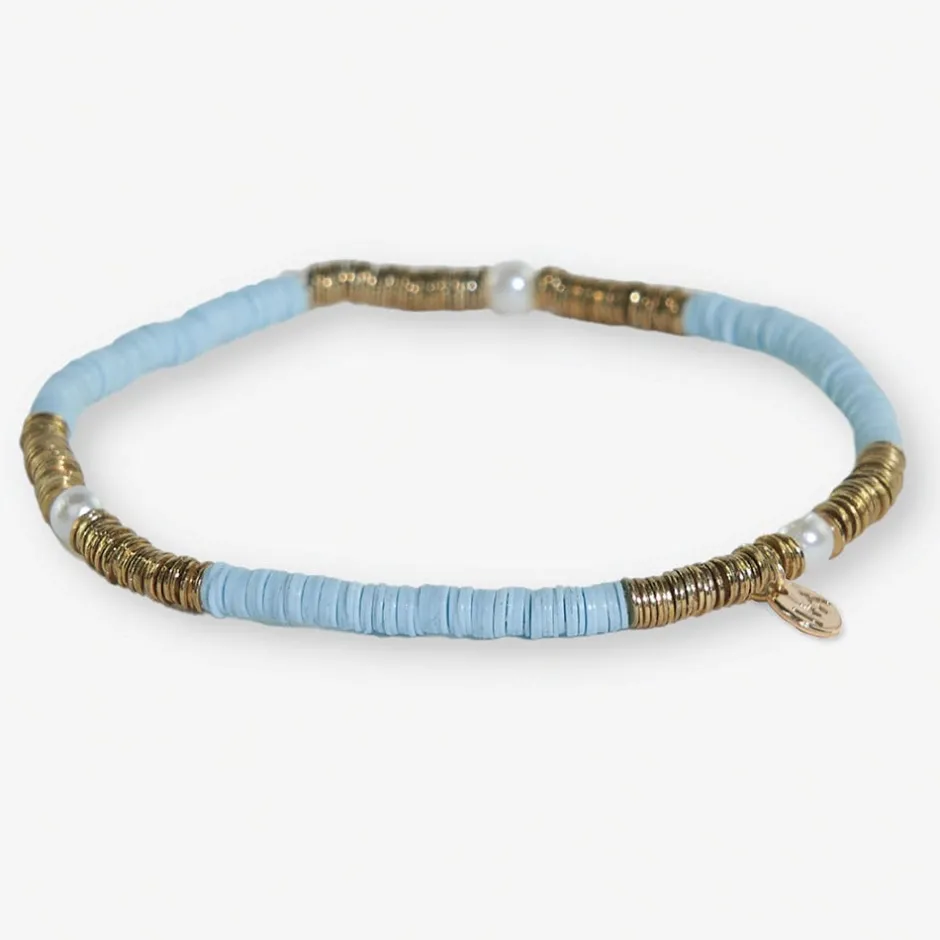 INK + ALLOY Rory Solid Color With Gold And Pearls Small Sequin Stretch Bracelet Light Blue