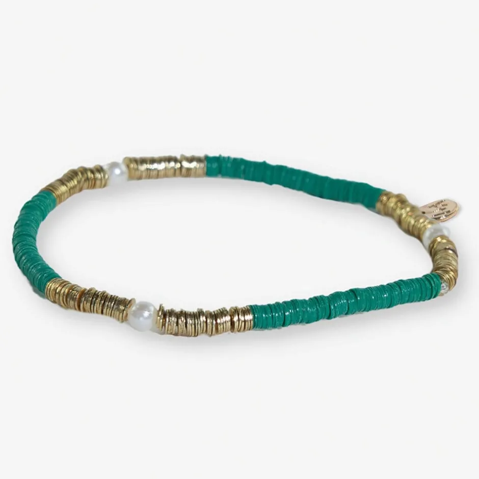 INK + ALLOY Rory Solid Color With Gold And Pearls Small Sequin Stretch Bracelet Kelly Green