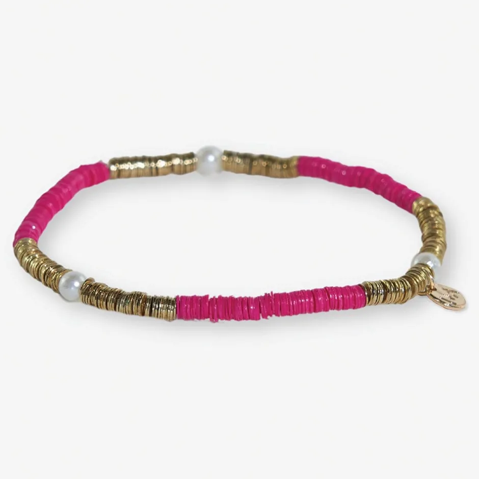 INK + ALLOY Rory Solid Color With Gold And Pearls Small Sequin Stretch Bracelet Hot Pink