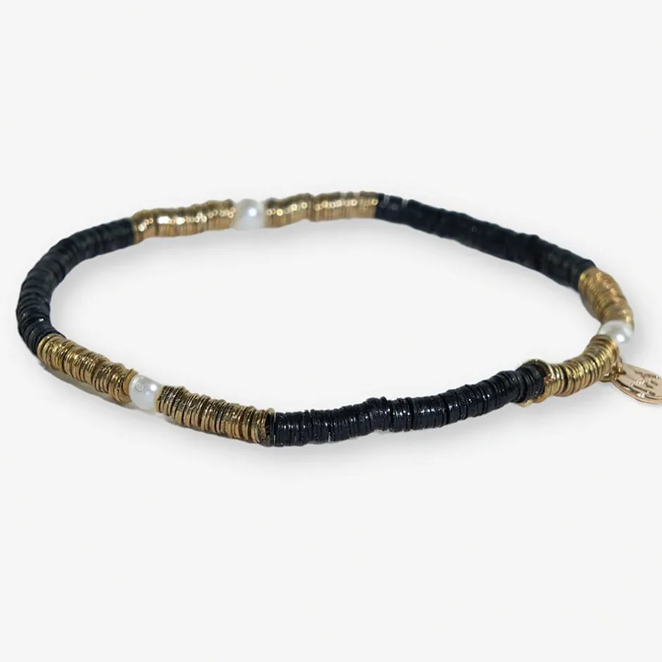 INK + ALLOY Rory Solid Color With Gold And Pearls Small Sequin Stretch Bracelet Black