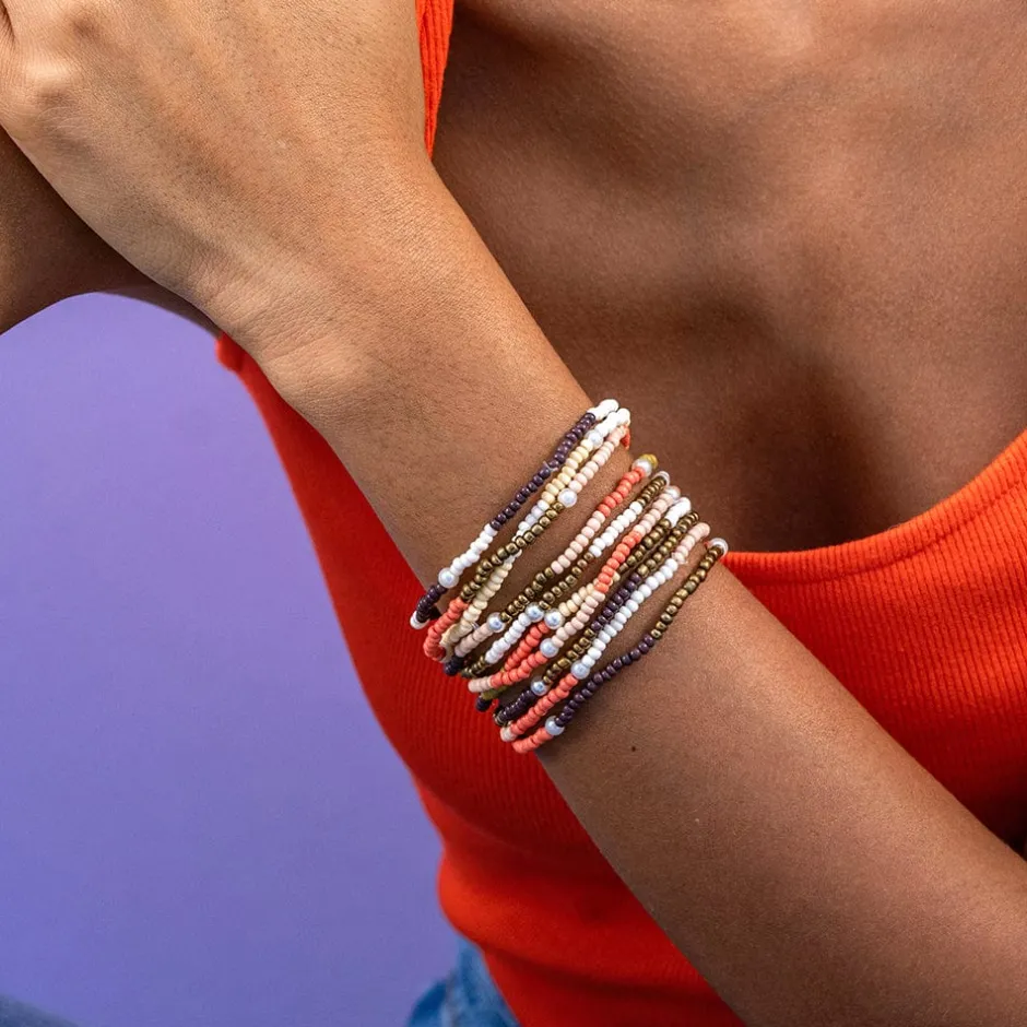 INK + ALLOY Sage Mixed Colorblocks With Pearls Beaded 10 Strand Stretch Bracelet Set Jaipur