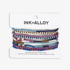 INK + ALLOY Sage Mixed Stripe Beaded 10 Strand Stretch Bracelet Set Blue + Lavender