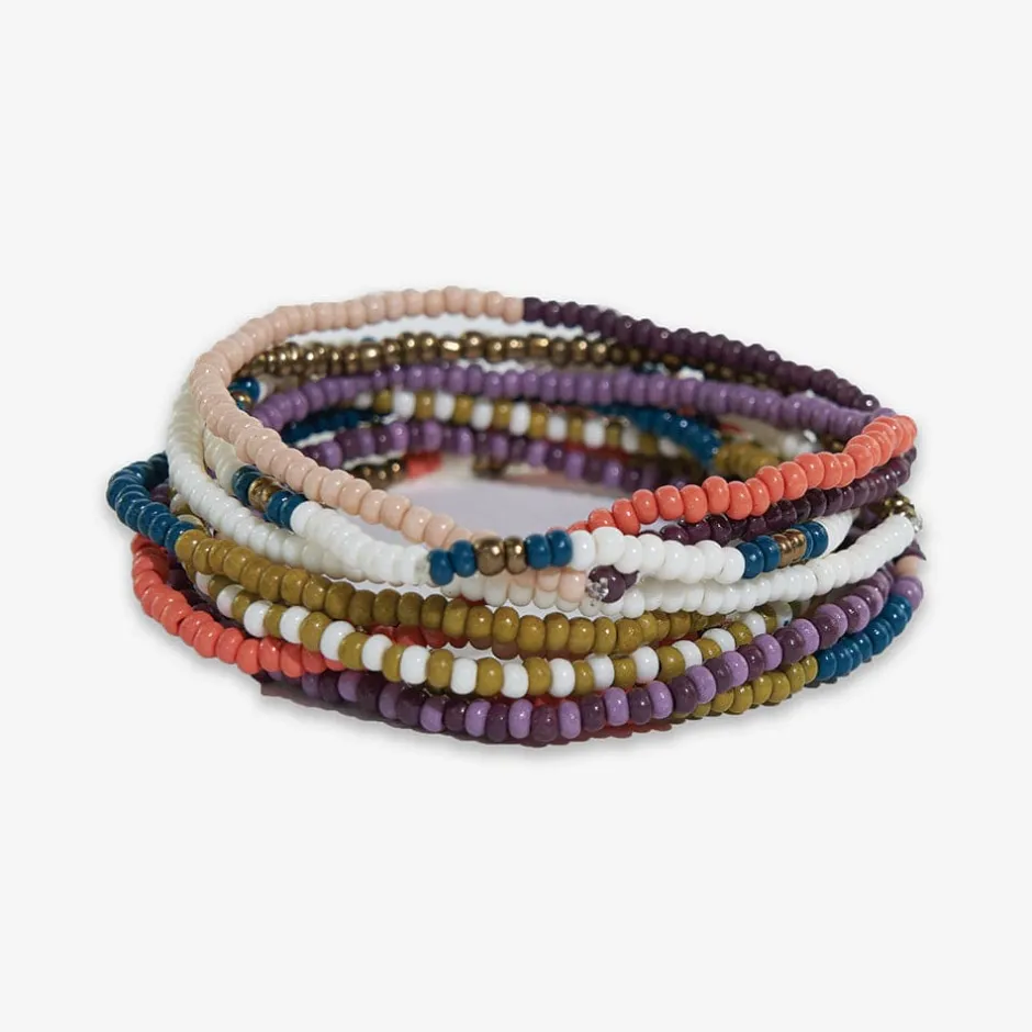 INK + ALLOY Sage Mixed Stripe Beaded 10 Strand Stretch Bracelet Set Citron + Coral