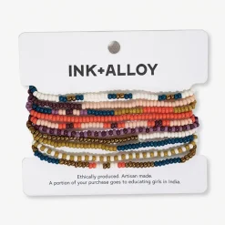 INK + ALLOY Sage Mixed Stripe Beaded 10 Strand Stretch Bracelet Set Citron + Coral