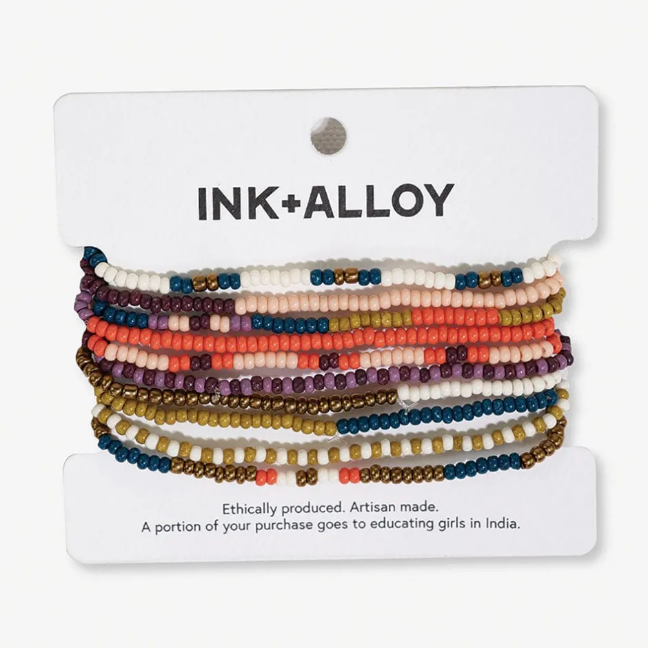 INK + ALLOY Sage Mixed Stripe Beaded 10 Strand Stretch Bracelet Set Citron + Coral