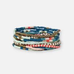 INK + ALLOY Sage Mixed Stripe Beaded 10 Strand Stretch Bracelet Set Teal + Poppy