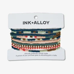 INK + ALLOY Sage Mixed Stripe Beaded 10 Strand Stretch Bracelet Set Teal + Poppy