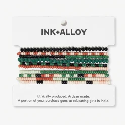 INK + ALLOY Sage Mixed Stripe Beaded 10 Strand Stretch Bracelets Desert