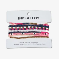 INK + ALLOY Sage Mixed Stripe Beaded 10 Strand Stretch Bracelets Hot Pink