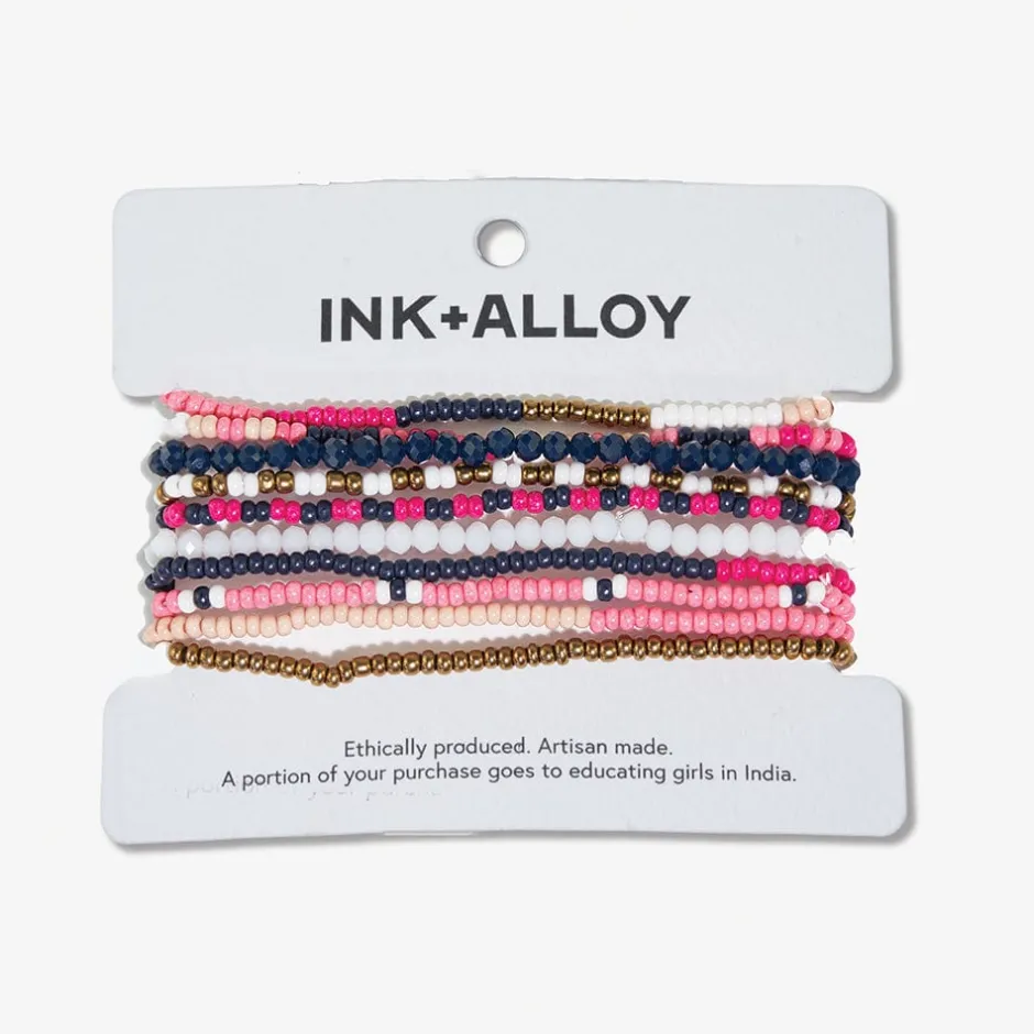 INK + ALLOY Sage Mixed Stripe Beaded 10 Strand Stretch Bracelets Hot Pink