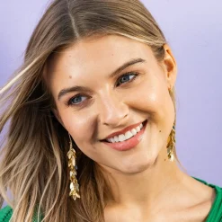 INK + ALLOY Samantha Leaf Cluster Long Dangle Earrings Brass
