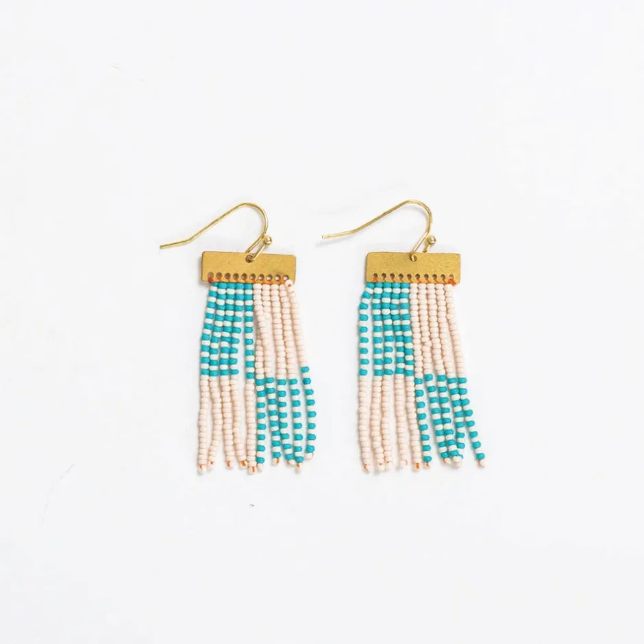 INK + ALLOY Scout Rectangle Hanger Blocks With Stripes Beaded Fringe Earrings Turquoise