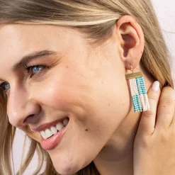 INK + ALLOY Scout Rectangle Hanger Blocks With Stripes Beaded Fringe Earrings Turquoise