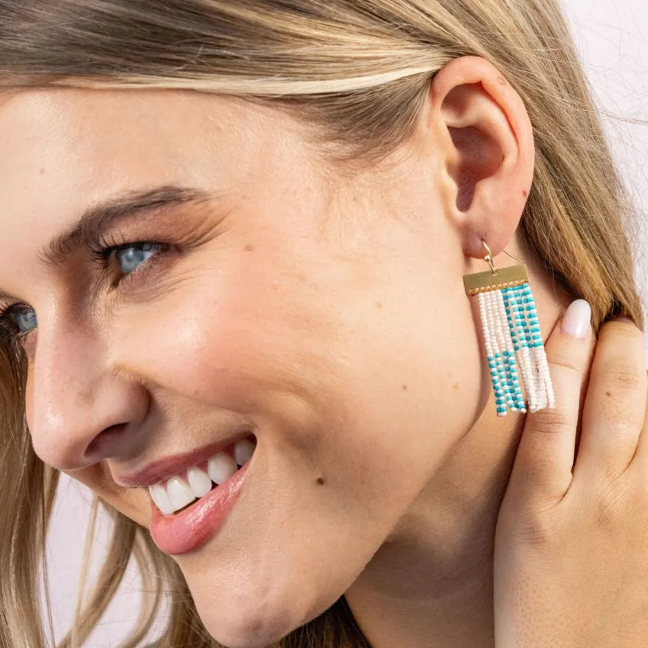 INK + ALLOY Scout Rectangle Hanger Blocks With Stripes Beaded Fringe Earrings Turquoise