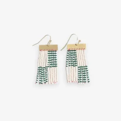 INK + ALLOY Scout Rectangle Hanger Blocks With Stripes Beaded Fringe Earrings Green