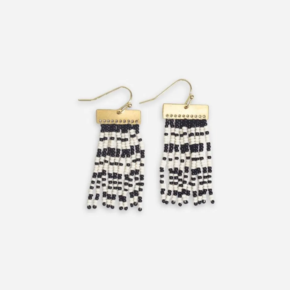 INK + ALLOY Scout Rectangle Hanger Mixed Horizontal Stripes Beaded Fringe Earrings Black and White