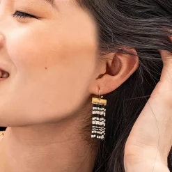 INK + ALLOY Scout Rectangle Hanger Mixed Horizontal Stripes Beaded Fringe Earrings Black and White