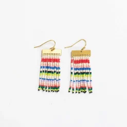INK + ALLOY Scout Rectangle Hanger Mixed Horizontal Stripes Beaded Fringe Earrings Rio