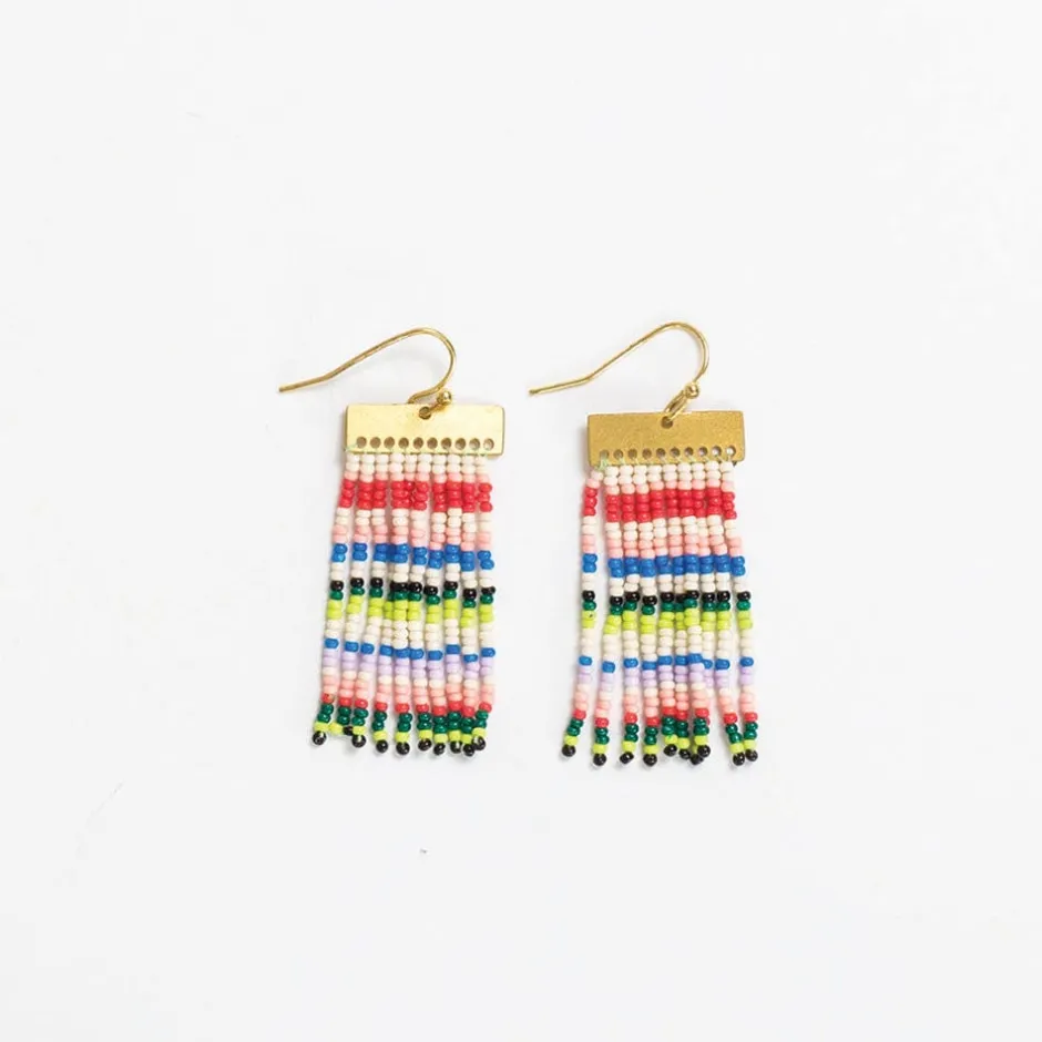 INK + ALLOY Scout Rectangle Hanger Mixed Horizontal Stripes Beaded Fringe Earrings Rio