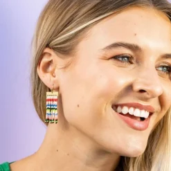 INK + ALLOY Scout Rectangle Hanger Mixed Horizontal Stripes Beaded Fringe Earrings Rio