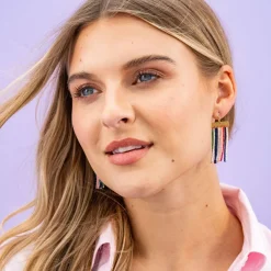 INK + ALLOY Scout Rectangle Hanger Solid Vertical Stripes Beaded Fringe Earrings St. Tropez