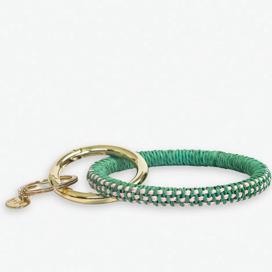 INK + ALLOY Shannon Two Color Woven Raffia Key Ring Bracelet Kelly Green/Pink