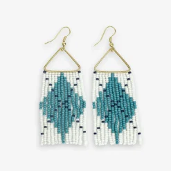 INK + ALLOY Whitney Game Day Argyle Beaded Fringe Earrings Light Blue and White