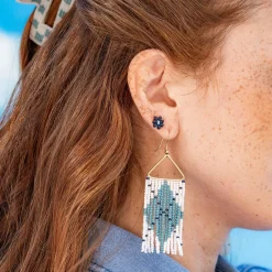 INK + ALLOY Whitney Game Day Argyle Beaded Fringe Earrings Light Blue and White