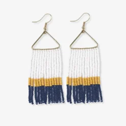 INK + ALLOY Whitney Game Day Color Block Stripe Beaded Fringe Earrings Yellow + Navy