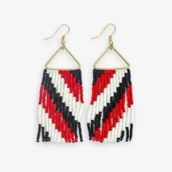 INK + ALLOY Whitney Game Day Diagonal Stripes Beaded Fringe Earrings Bright Red and Black