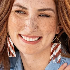 INK + ALLOY Whitney Game Day Diagonal Stripes Beaded Fringe Earrings Burnt Orange and White