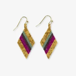 INK + ALLOY Zelda Diagonal Stripes Beaded Diamond Drop Earrings Magenta and Gold